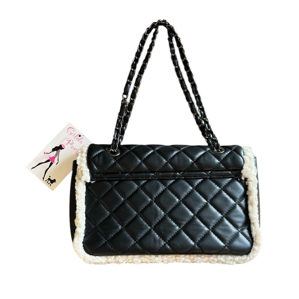 Gilda Paris quilted shoulder bag faux fur Sherpa trim black color vegan leather - Picture 4 of 6